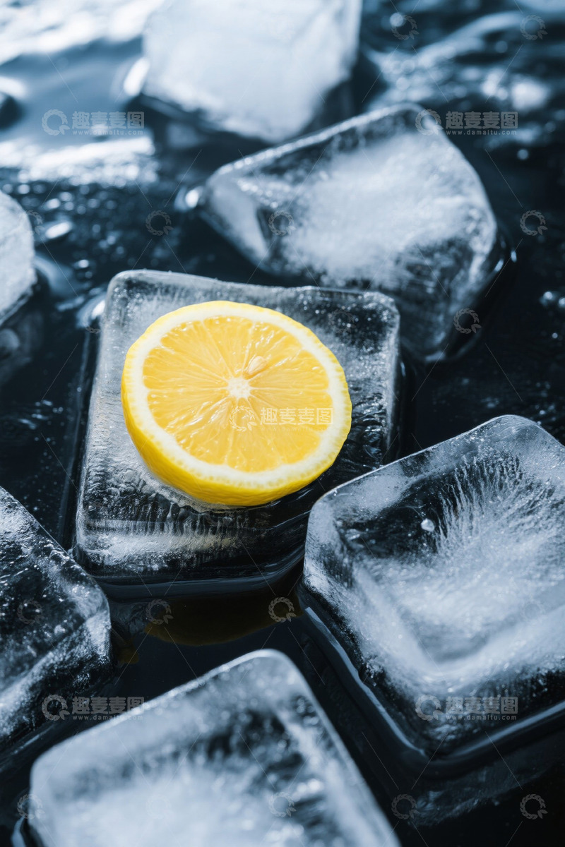 高清大图下载【趣麦麦图】柠檬置于冰块上的微距画面
