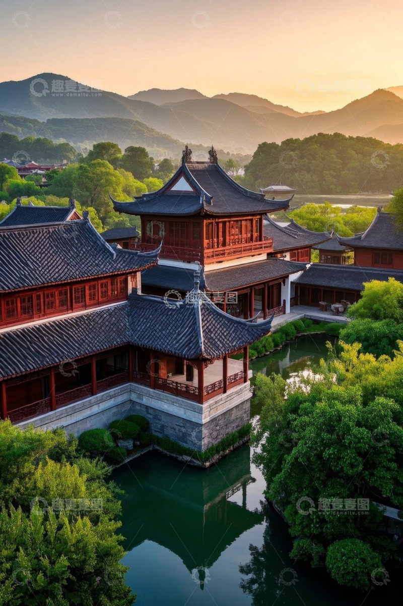 高清大图下载【趣麦麦图】中式古建筑群与山水风光
