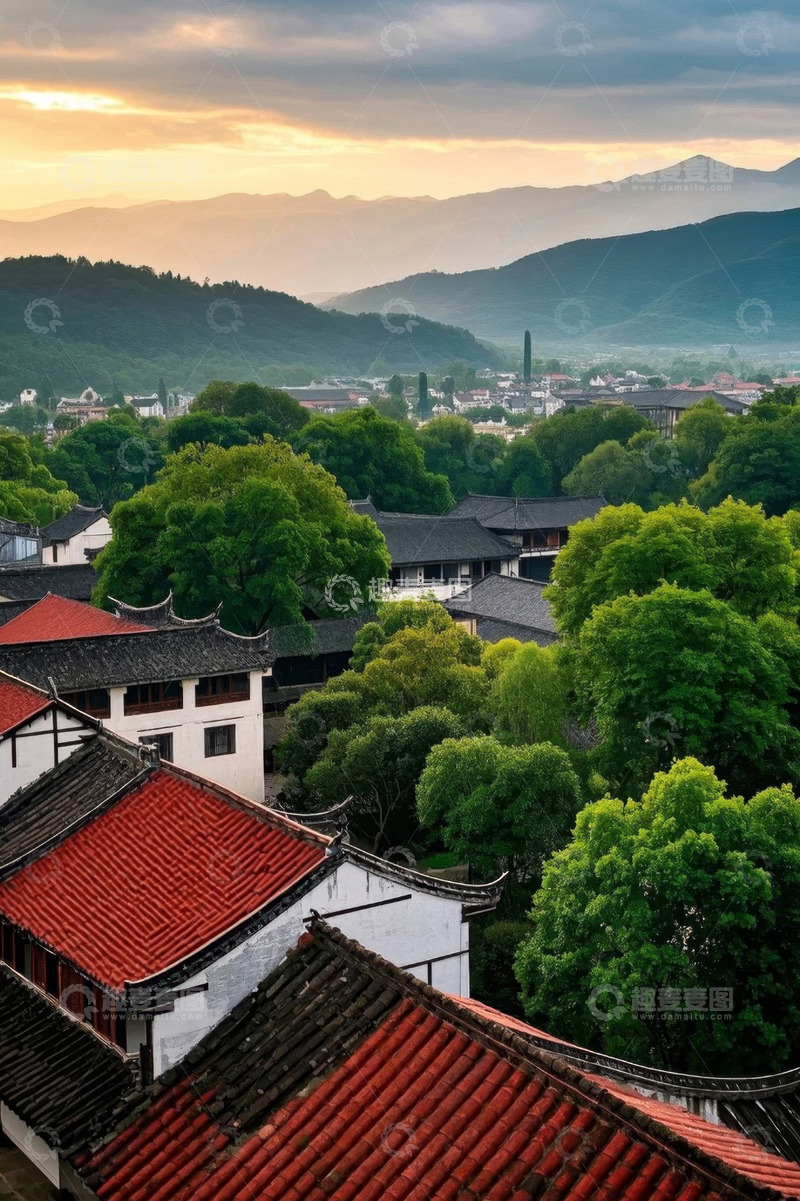 高清大图下载【趣麦麦图】-山村古建筑与山林远景