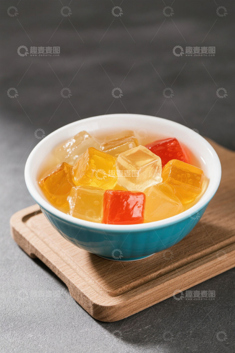 高清大图下载【趣麦麦图】碗装彩色果冻置于木托盘上