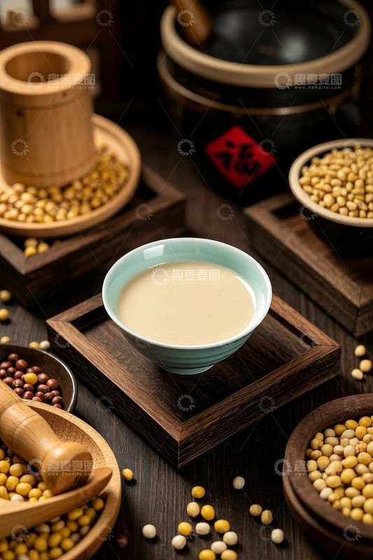 中式风格碗装豆浆与豆类食材