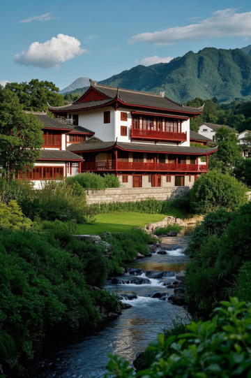 中式古建筑与山水风光景致