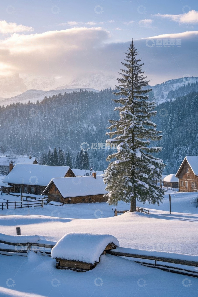 高清大图下载【趣麦麦图】雪中山村与松树风景