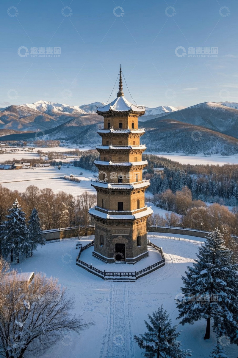 高清大图下载【趣麦麦图】雪后古塔与远山景观