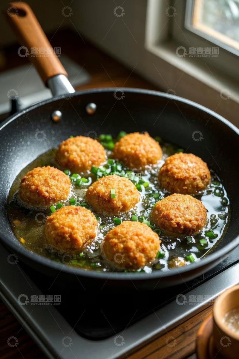 高清大图下载【趣麦麦图】厨房锅中油炸丸子