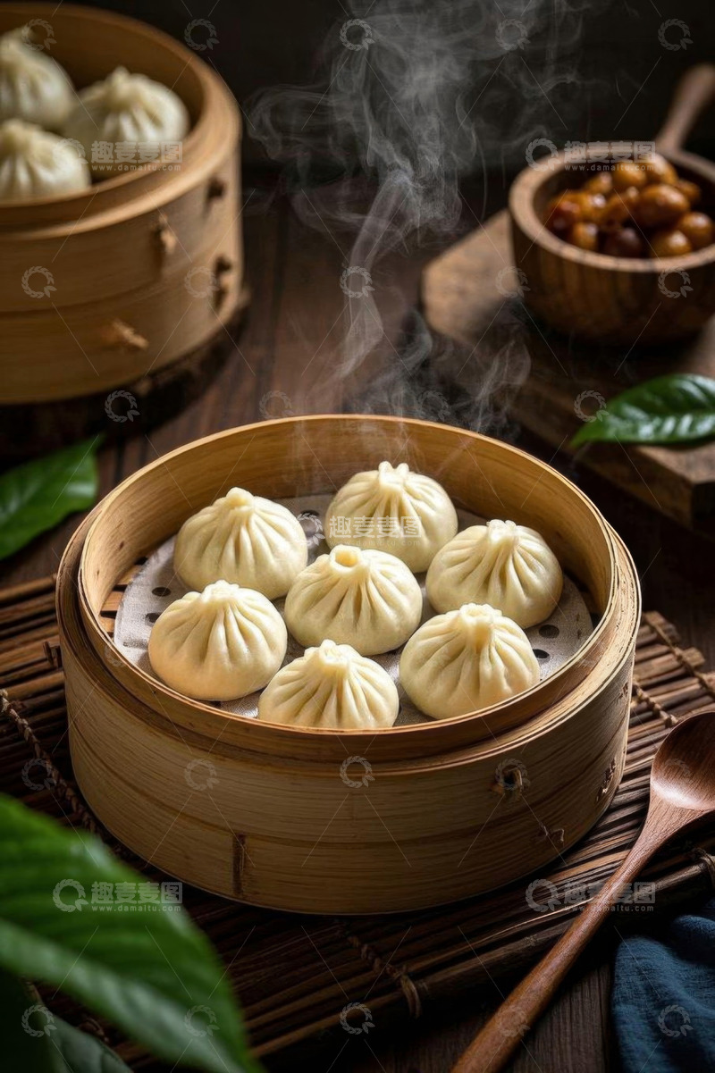 高清大图下载【趣麦麦图】竹制蒸笼内的热气腾腾小笼包