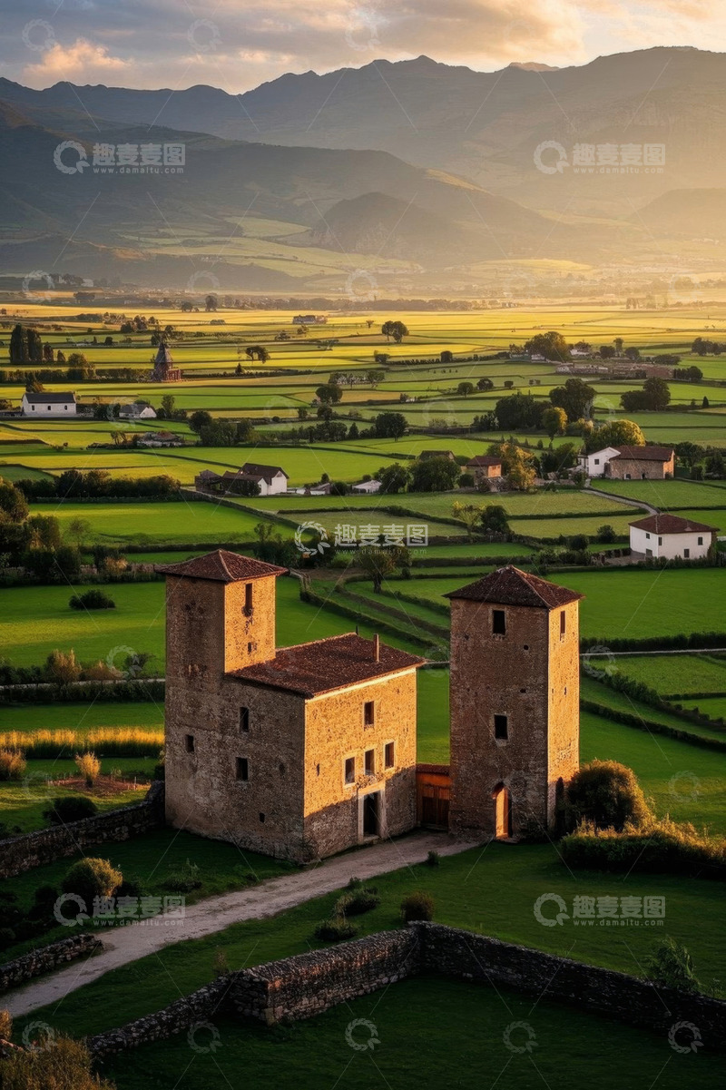 高清大图下载【趣麦麦图】田园间古老建筑远景