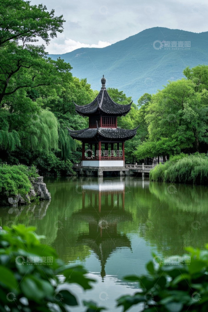 高清大图下载【趣麦麦图】湖畔中式古亭自然风光