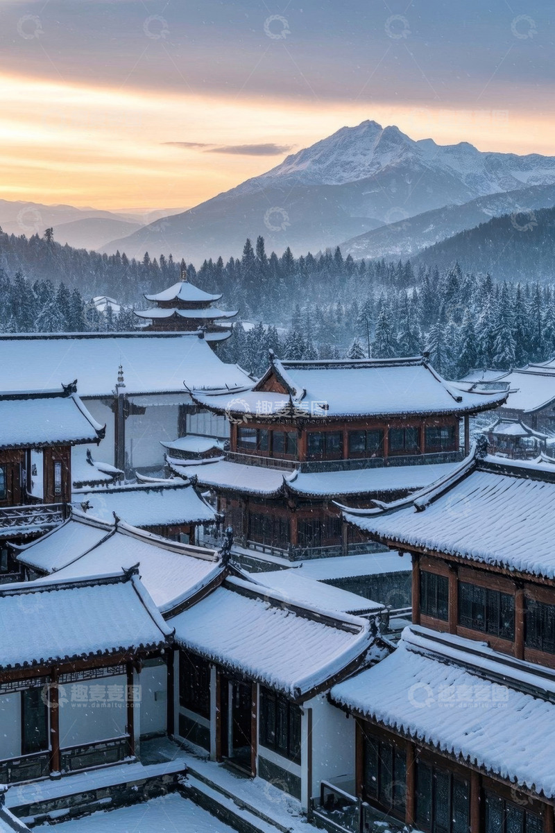 高清大图下载【趣麦麦图】雪后中式古建筑与山林景观