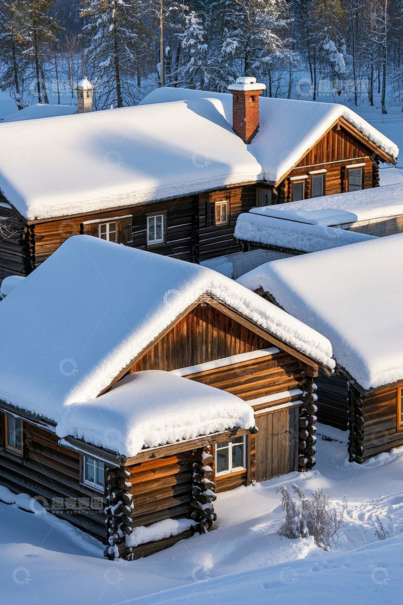 高清大图下载【趣麦麦图】雪覆盖的木屋与森林景观