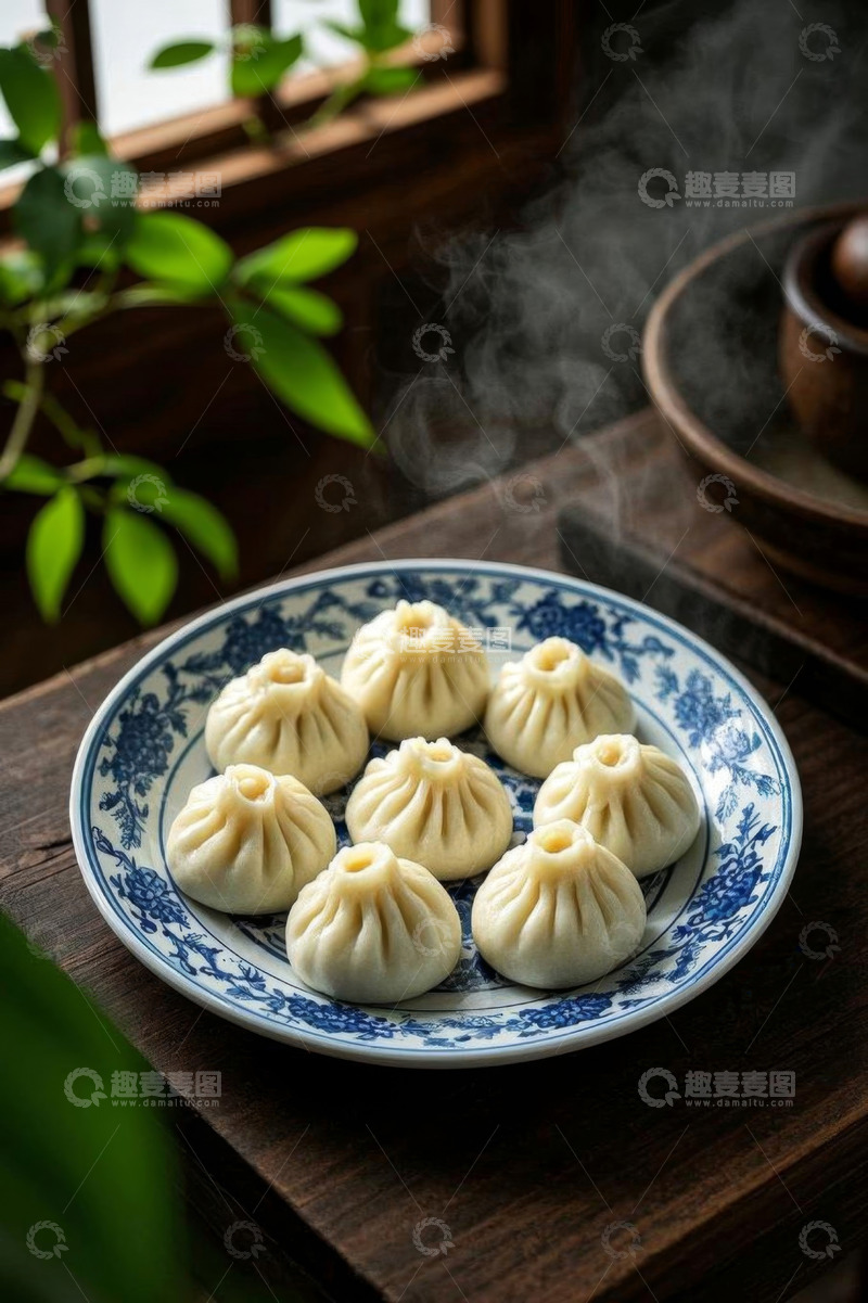 高清大图下载【趣麦麦图】中式瓷盘上热气腾腾的小笼包