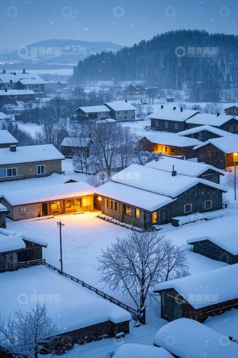 高清大图下载【趣麦麦图】雪覆盖的村庄与亮灯的房屋