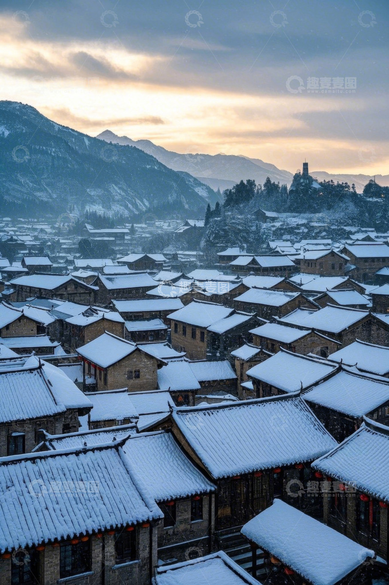 高清大图下载【趣麦麦图】雪后古村落全景