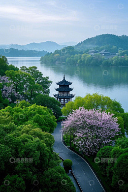 杭州湖景与中式建筑风光