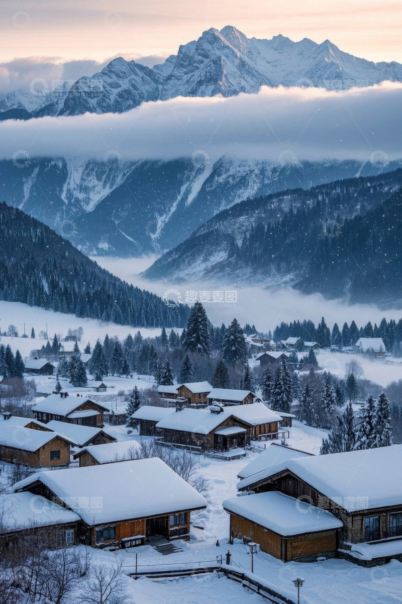 高清大图下载【趣麦麦图】雪山下被雪覆盖的宁静村庄