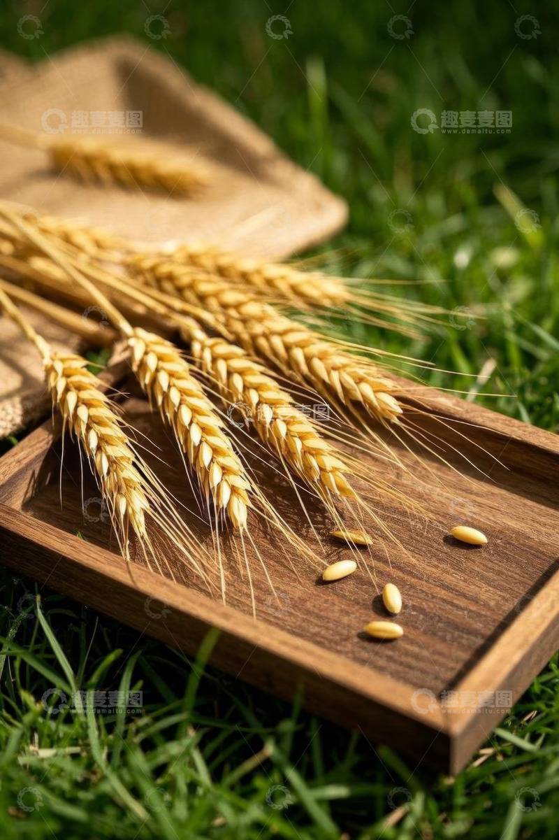 高清大图下载【趣麦麦图】木盘上的小麦麦穗与种子