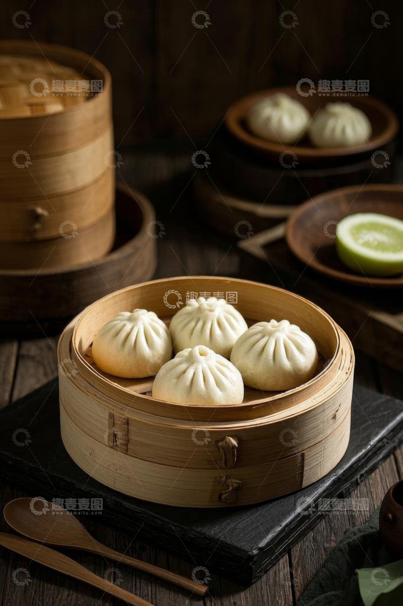 高清大图下载【趣麦麦图】竹蒸笼里的美味包子静物图