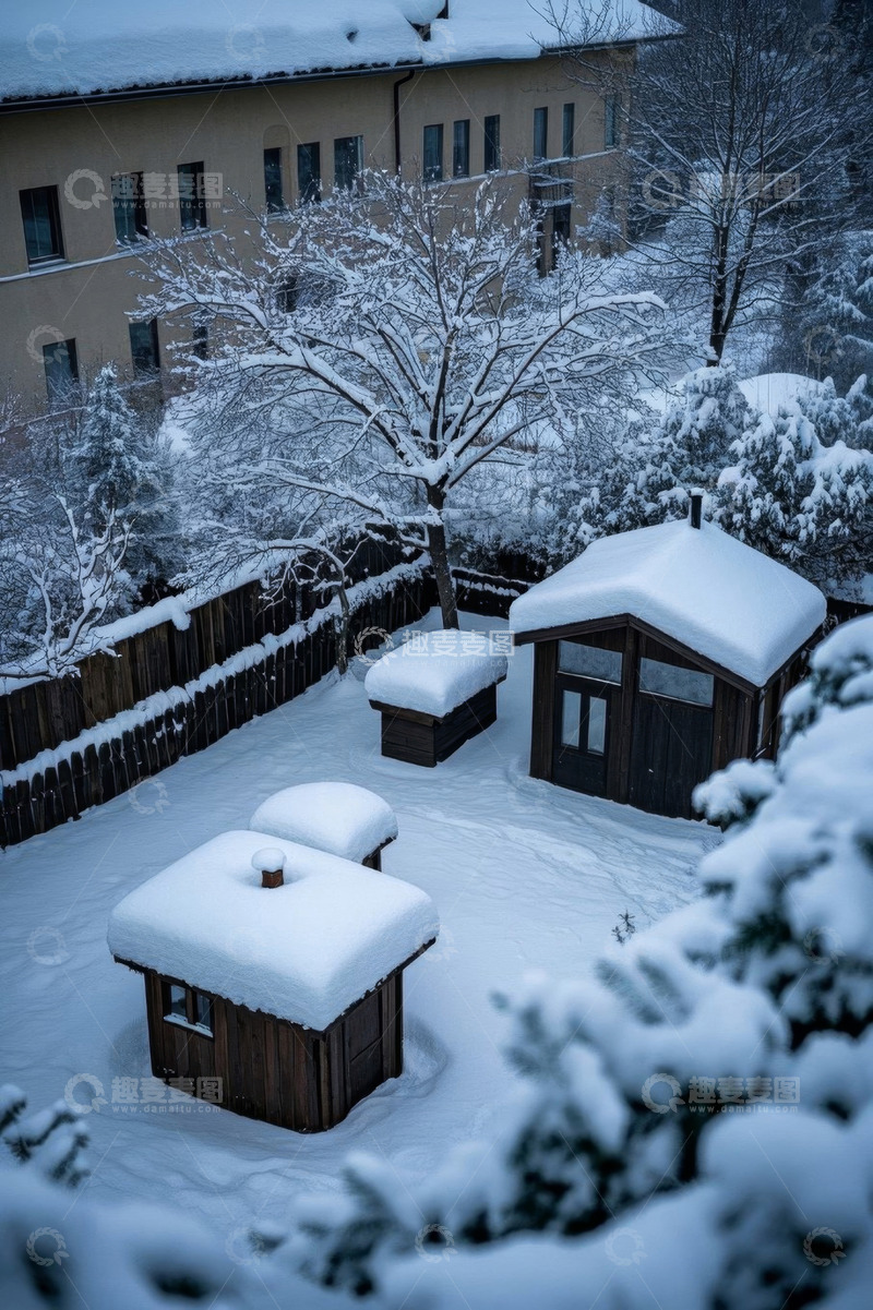 高清大图下载【趣麦麦图】被雪覆盖的庭院与小屋景观