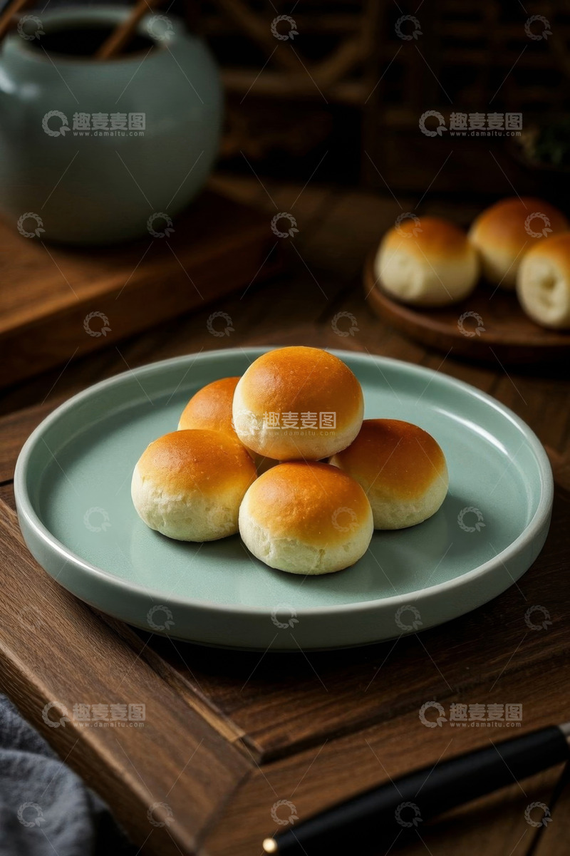 高清大图下载【趣麦麦图】木桌上盘子里的美味小面包