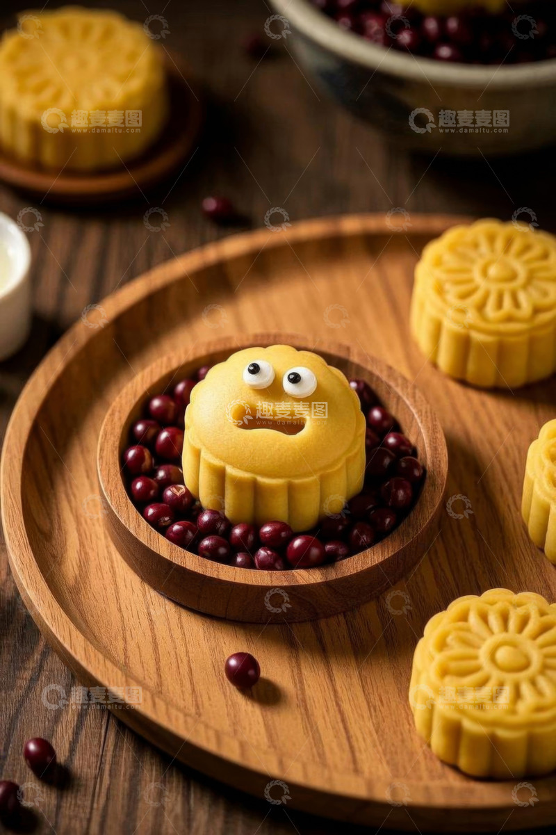 高清大图下载【趣麦麦图】木盘上摆放的特色造型月饼