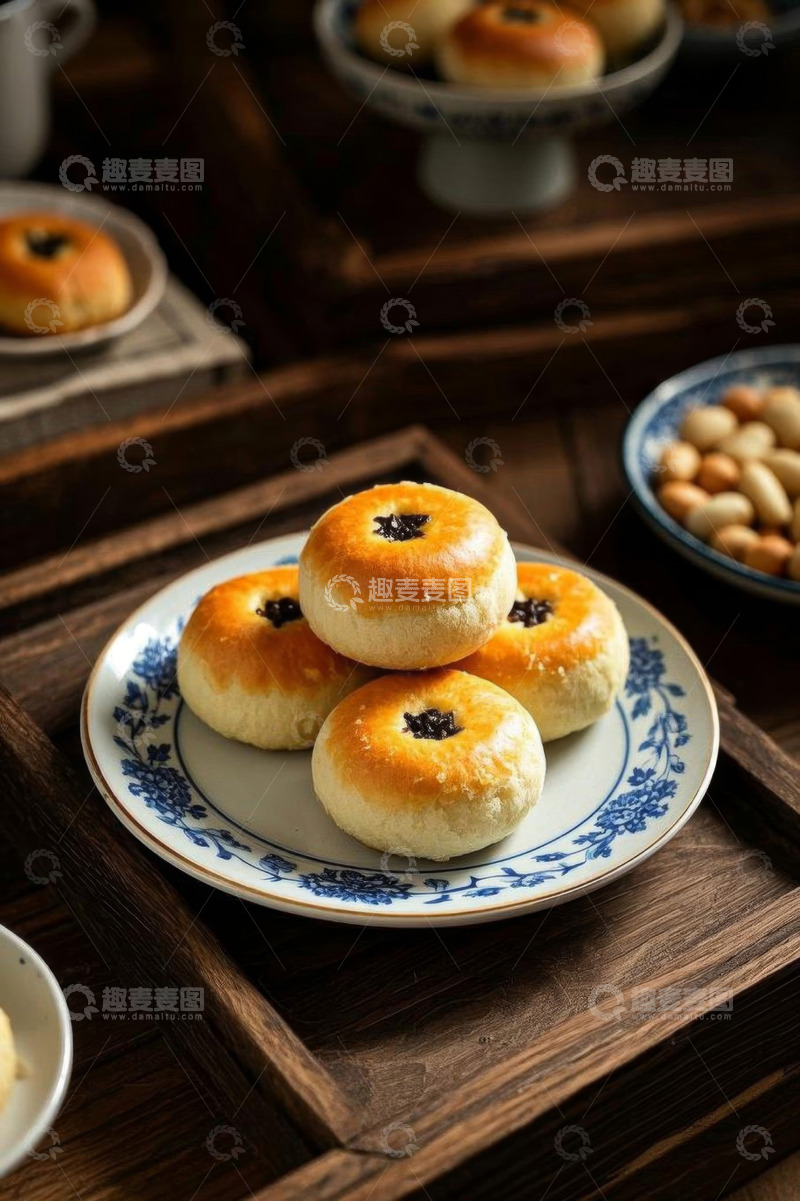 高清大图下载【趣麦麦图】中式糕点摆放在蓝白瓷盘上