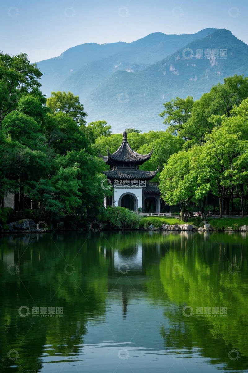 高清大图下载【趣麦麦图】山水间中式亭子与湖水景观