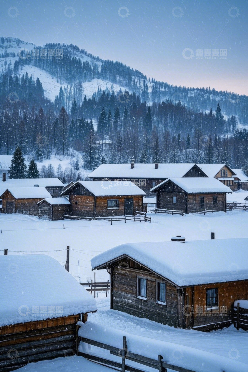 高清大图下载【趣麦麦图】雪覆木屋与山林风景