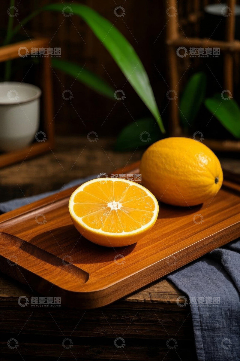 高清大图下载【趣麦麦图】木盘上摆放的新鲜橙子