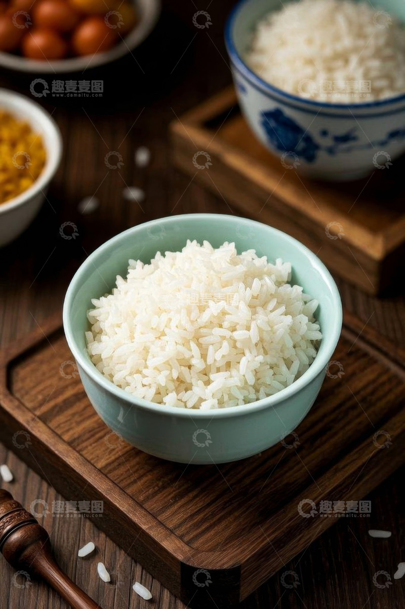 高清大图下载【趣麦麦图】木盘上的青花瓷碗装白米饭