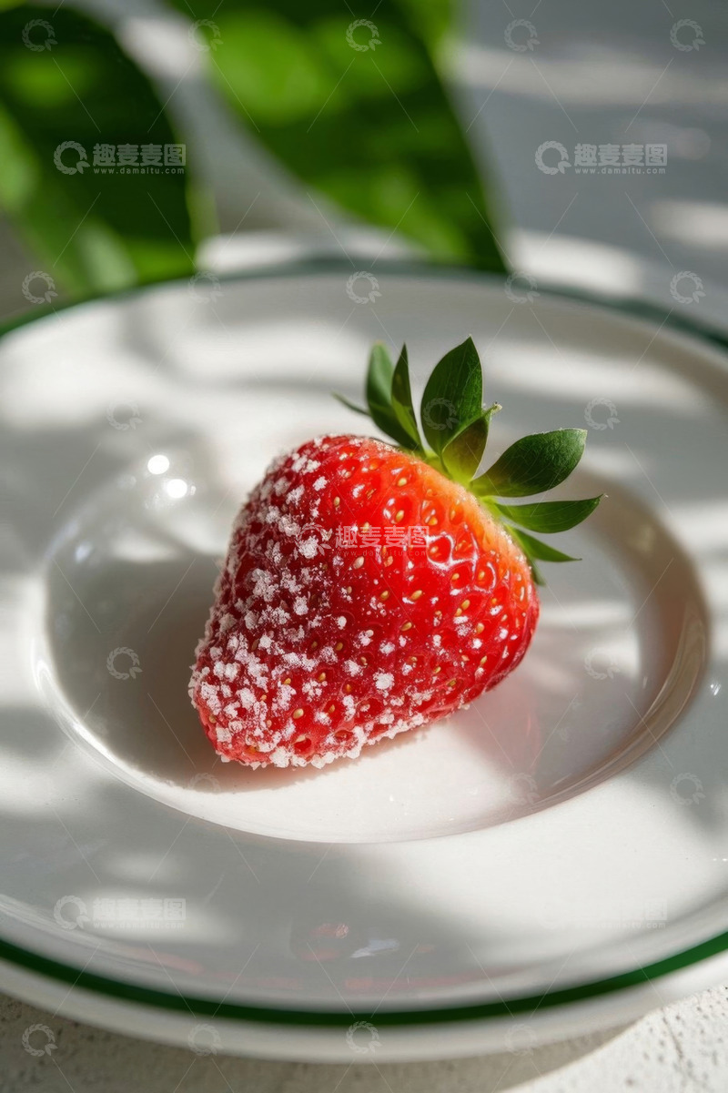 高清大图下载【趣麦麦图】白盘上撒糖粉的新鲜草莓