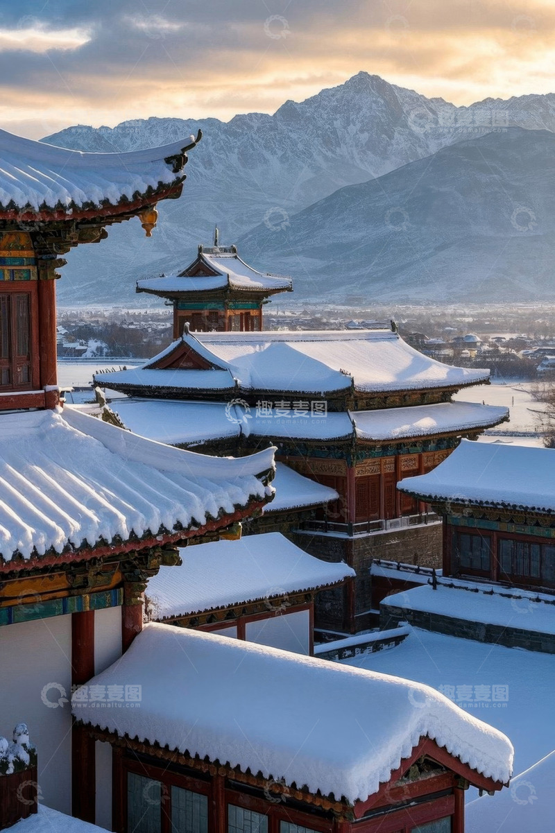 高清大图下载【趣麦麦图】雪后中式古建筑与远山景观