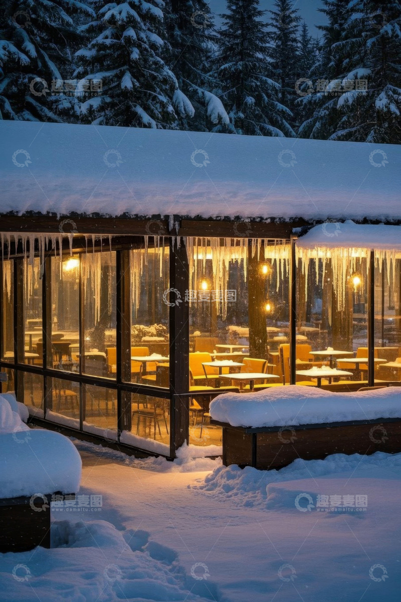 高清大图下载【趣麦麦图】雪夜森林中的玻璃餐厅