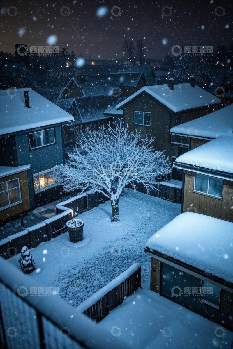 高清大图下载【趣麦麦图】夜晚雪景中的居民区景象