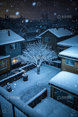 夜晚雪景中的居民区景象