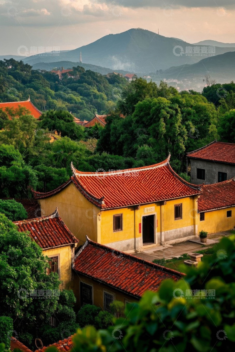 高清大图下载【趣麦麦图】山林间传统黄墙红瓦建筑景观