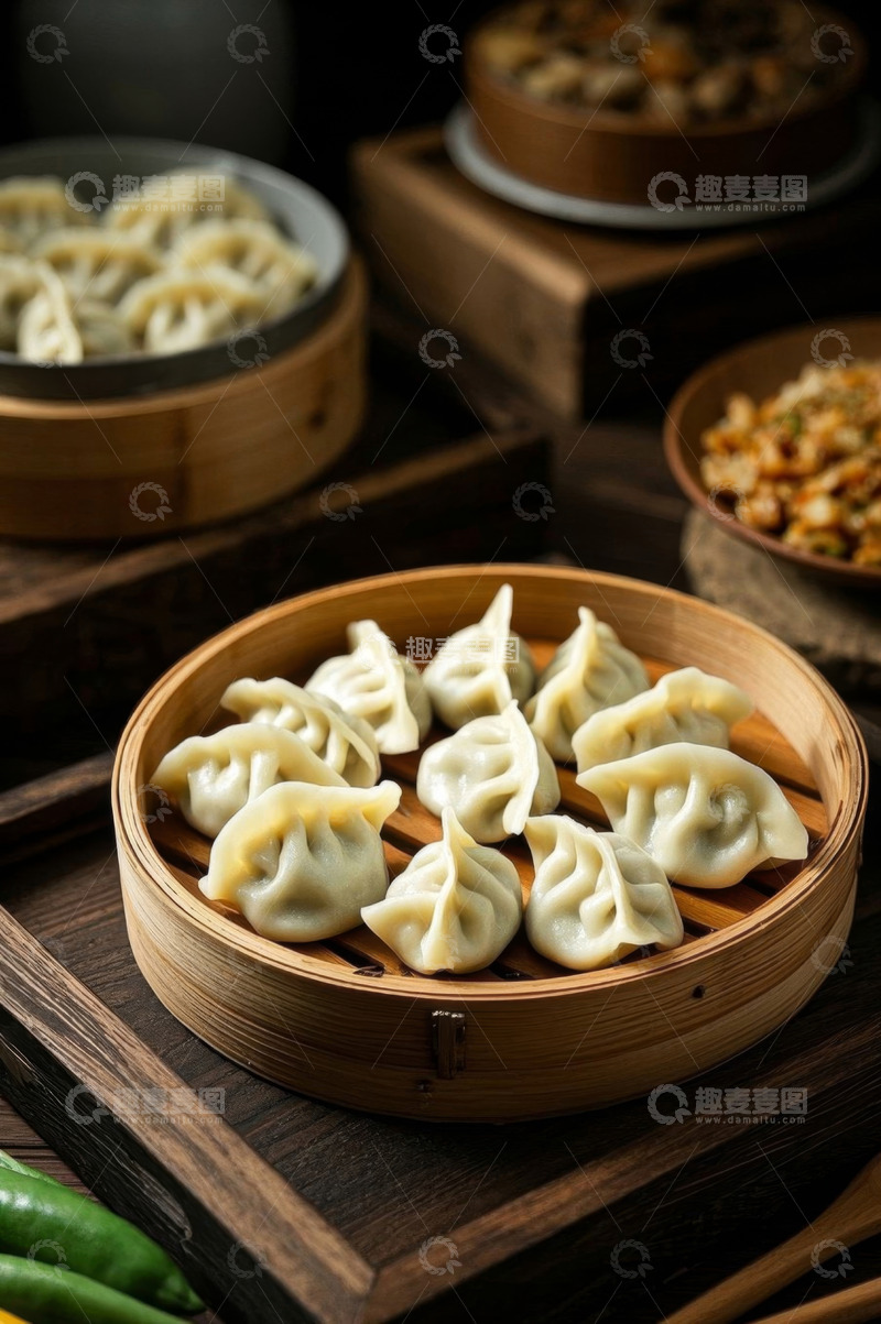 高清大图下载【趣麦麦图】竹制蒸笼里的美味饺子
