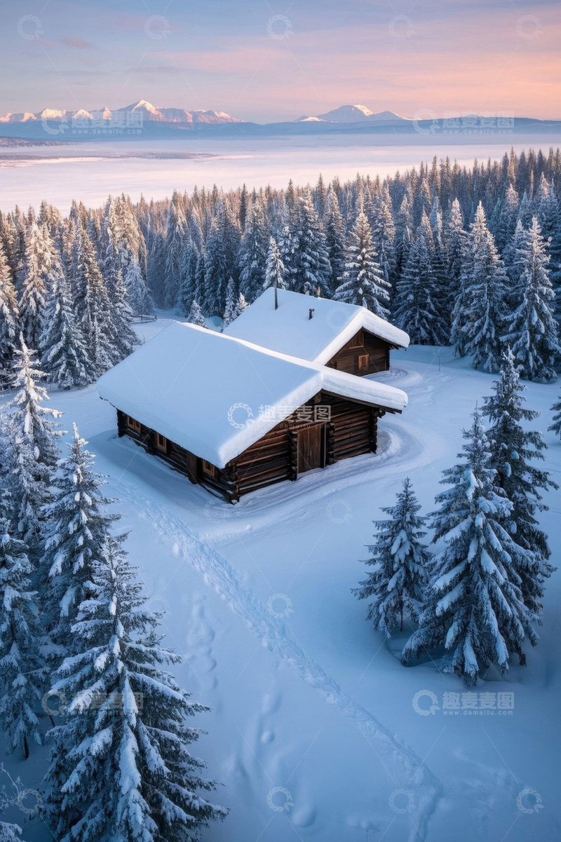 高清大图下载【趣麦麦图】雪后森林中的木屋全景