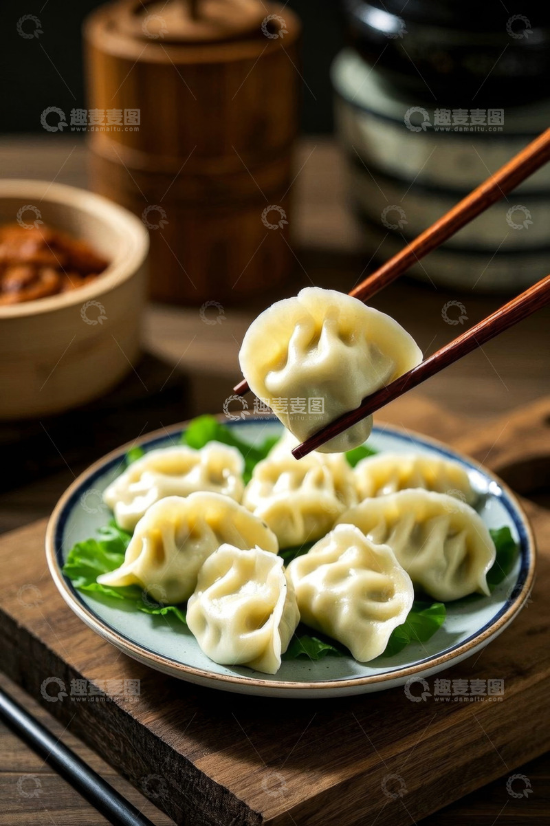 高清大图下载【趣麦麦图】筷子夹起盘中饺子美食画面