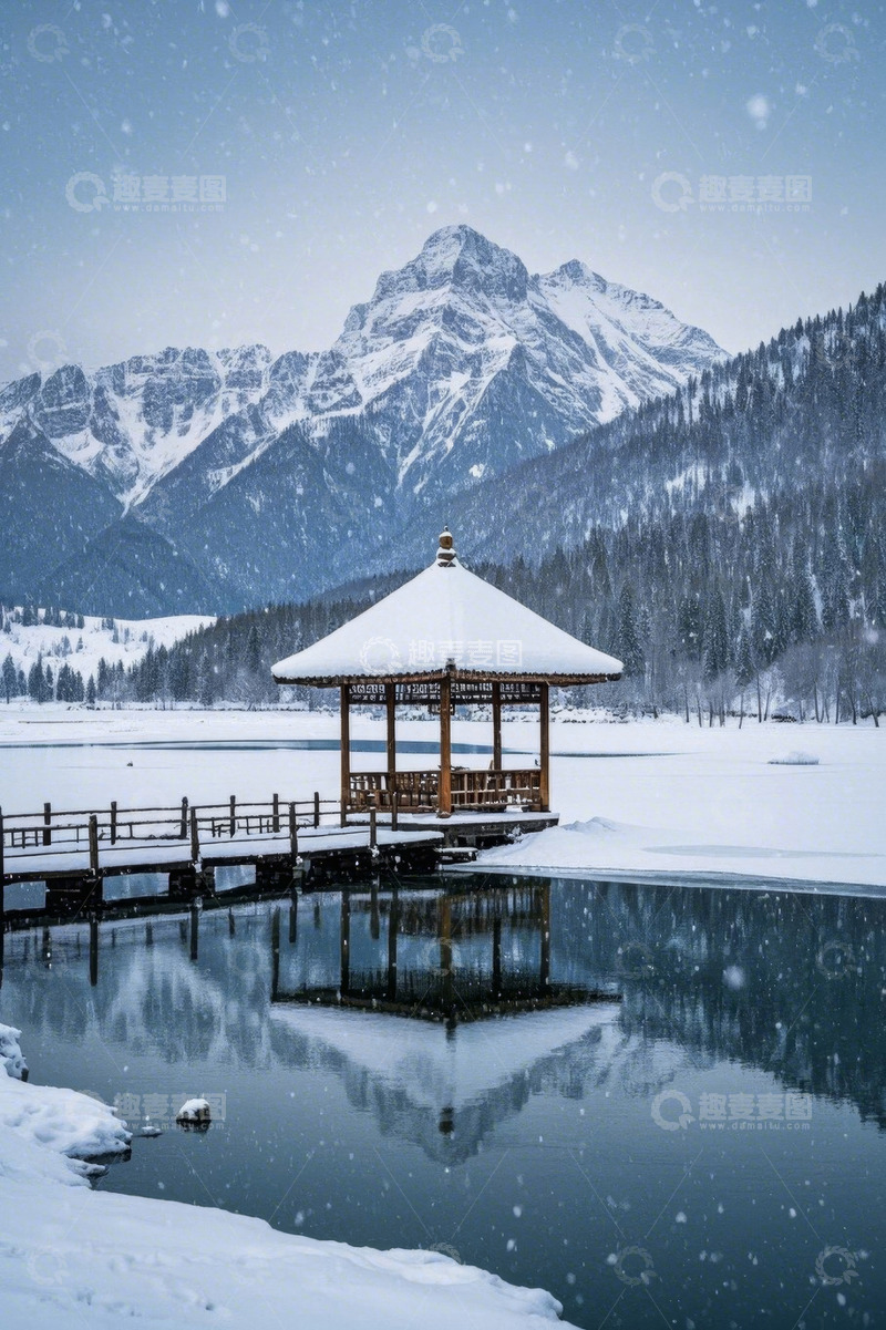 高清大图下载【趣麦麦图】雪中山景湖畔凉亭景观