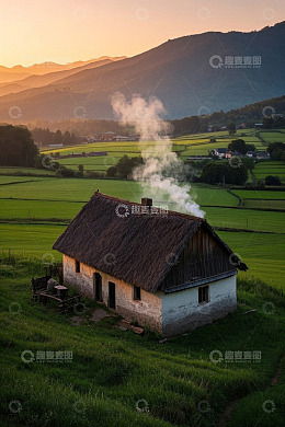 乡村小屋田园风光日落景象