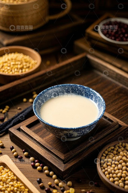 中式木桌上的碗装豆浆与杂粮