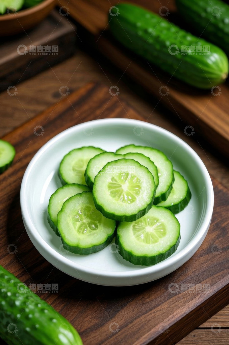 高清大图下载【趣麦麦图】木桌上白盘内的黄瓜切片