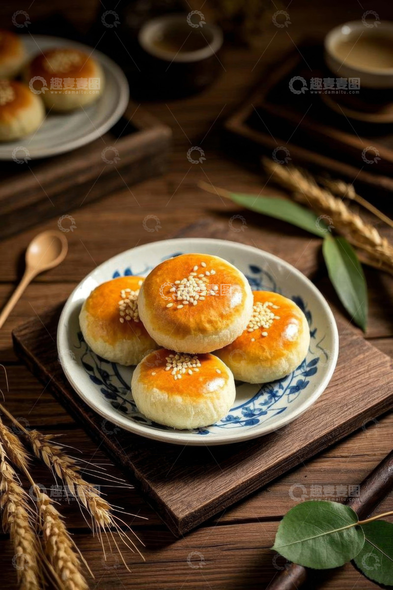 高清大图下载【趣麦麦图】中式酥饼摆放在木质桌面上