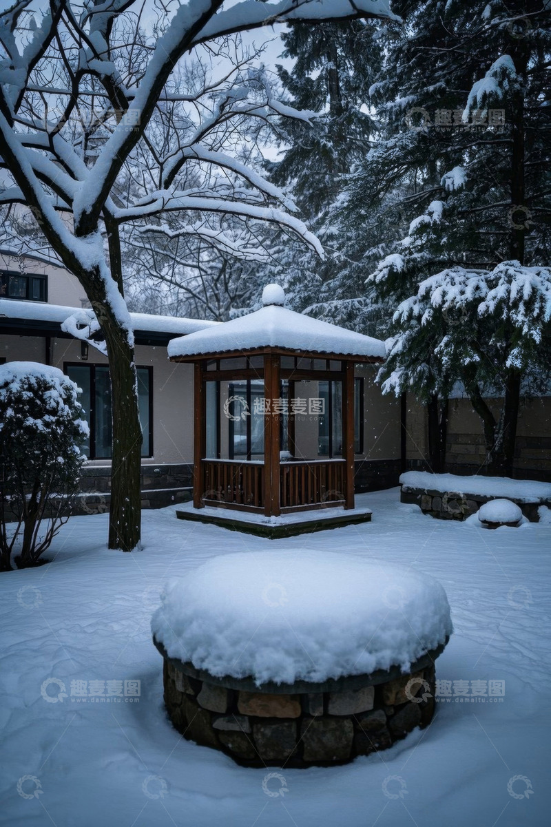 高清大图下载【趣麦麦图】庭院雪景中的木质凉亭