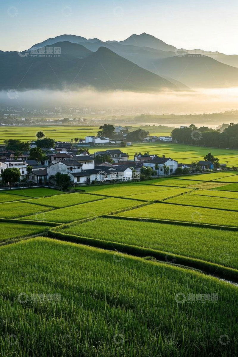 高清大图下载【趣麦麦图】乡村稻田与民居远景