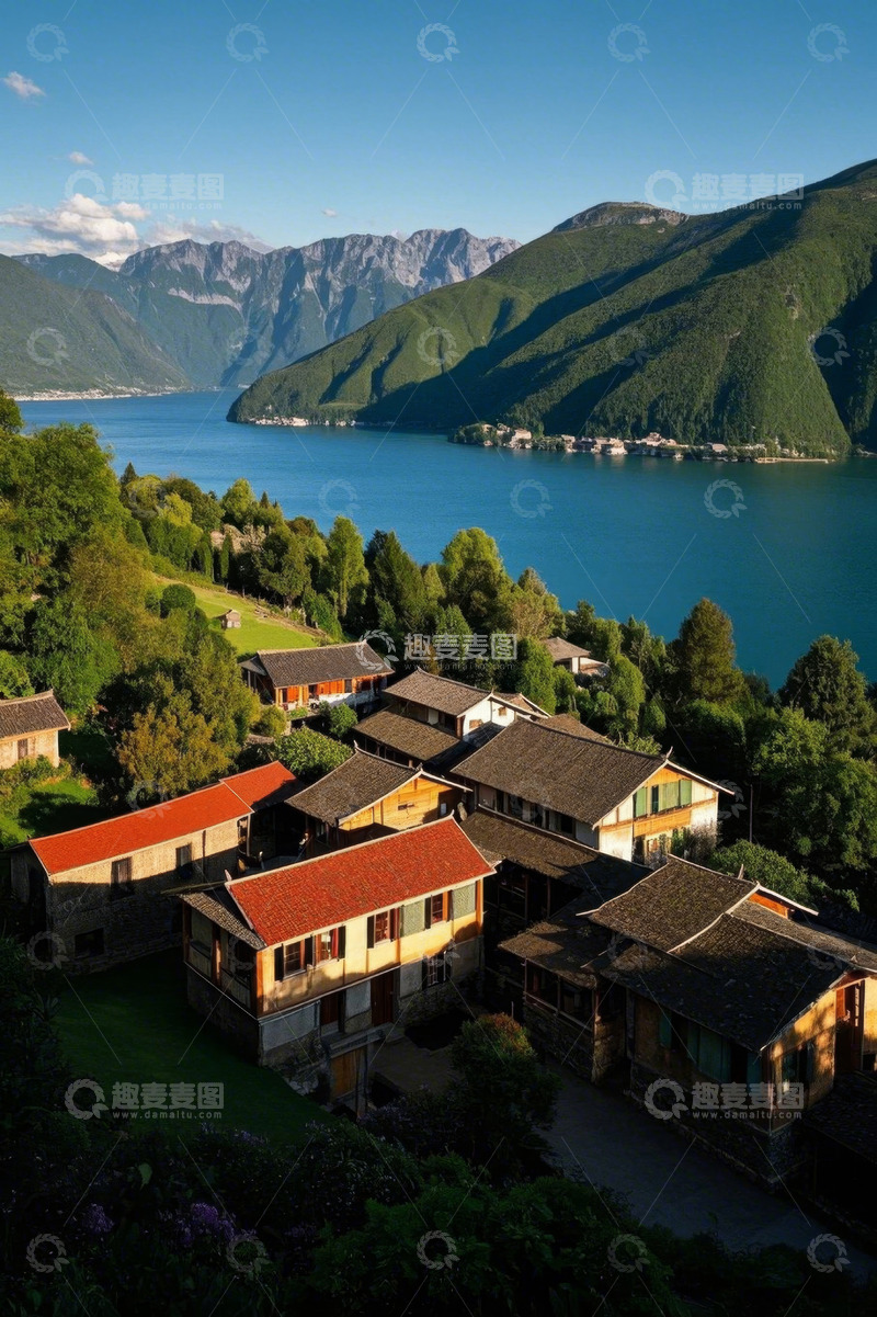 高清大图下载【趣麦麦图】湖畔山村风景俯瞰