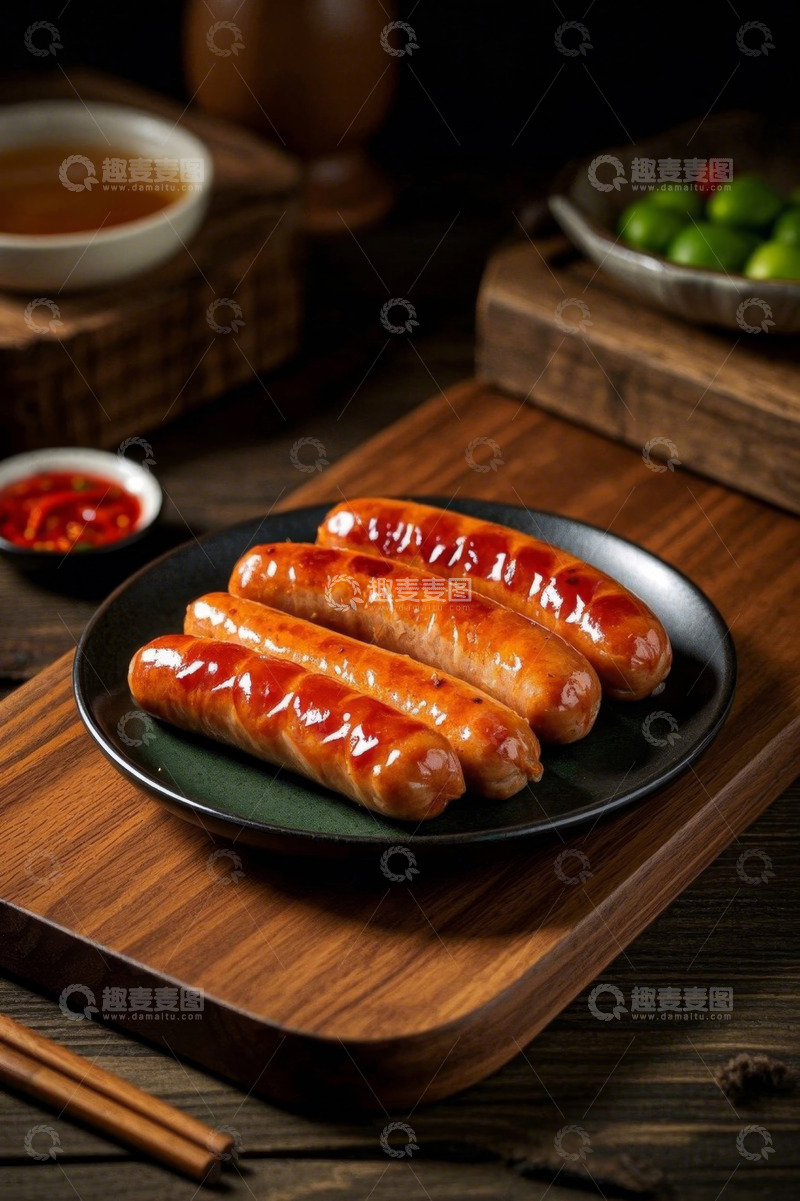 高清大图下载【趣麦麦图】木盘上摆放的美味烤香肠