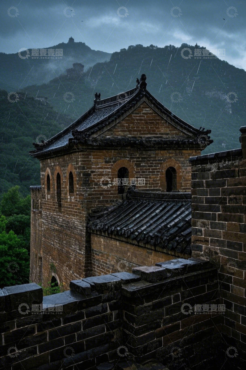 高清大图下载【趣麦麦图】雨中长城烽火台与山峦景色