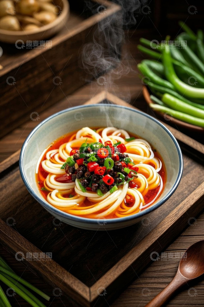 高清大图下载【趣麦麦图】木盘上的一碗美味红油米粉