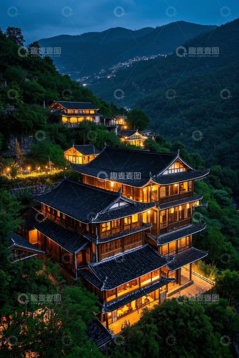 高清大图下载【趣麦麦图】山间古式建筑夜景